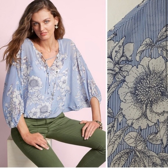 CAbi Floral Stripe Dolman Sleeve Sheer Tie Neckline Flowly Blouse Women's Sz XS - Picture 7 of 8